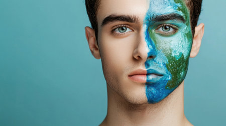 A young man poses with half of his face painted in vibrant blue and green colors, symbolizing the Earth. The light blue background enhances the striking visual impact.の素材