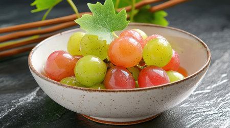 A vibrant bowl of fresh grapes showcasing green and red colors. Ideal for healthy eating themes, culinary use, or food decoration. Perfect for enticing food photography.の素材