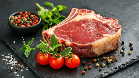 A fresh ribeye cut presented on a slate surface, surrounded by cherry tomatoes, herbs, and spices, capturing the essence of gourmet cooking and meal preparation.の素材