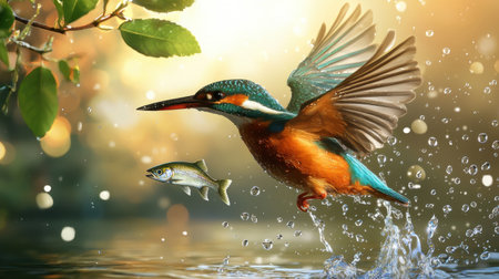 A stunning kingfisher bird captures a fish in mid-air above sparkling water. The vibrant colors and dynamic motion create a lively scene of nature's beauty.の素材