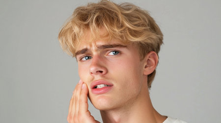 A young man with a worried expression touches his face, reflecting concern. His hairstyle is casual and light, showcasing natural beauty and emotion.の素材