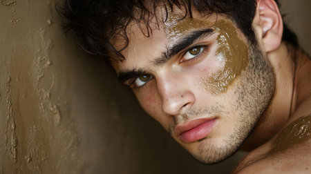 Close-up portrait of a young man applying a facial mask, showcasing a healthy skin care routine. The image features natural light and emphasizes relaxation and wellness.の素材