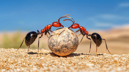 Two ants show incredible teamwork as they collaborate to move a stone across a sandy surface in a vibrant outdoor setting.の素材