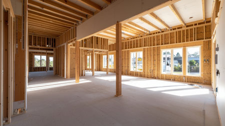 Spacious interior view of a newly constructed residential building, showcasing wooden framing, ample natural light, and an unfinished design perfect for renovation.の素材