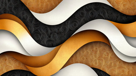 Vibrant abstract patterns featuring wavy textures in gold, black, and white. Perfect for backgrounds, wallpapers, and artistic projects needing elegance and style.の素材
