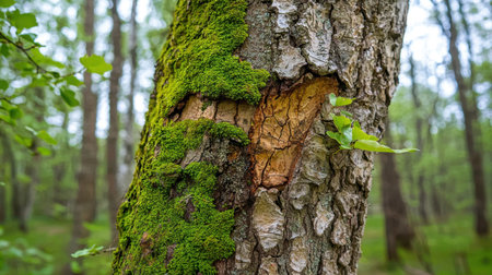 A close-up view of a moss-covered tree trunk reveals its intricate texture and vibrant greenery, showcasing the beauty of nature in a serene forest environment.の素材