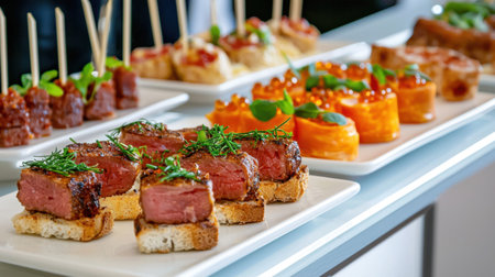 An exquisite display of gourmet appetizers featuring steak bites on bread, garnished with fresh herbs. Perfect for culinary events and gatherings.の素材