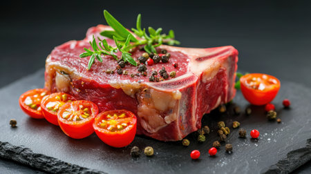 A fresh raw meat cut resting on a slate board, garnished with cherry tomatoes and herbs, perfect for culinary presentations and gourmet cooking inspiration.の素材