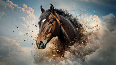 A stunning portrayal of a horse bursting from a cloud-filled sky, surrounded by dust and debris, capturing the essence of power and beauty in motion.の素材