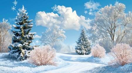 A serene winter landscape featuring vibrant snowy trees and fluffy clouds against a bright blue sky. This picturesque scene evokes tranquility and beauty.の素材