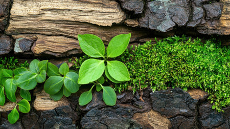 Discover the beauty of fresh green plants and vibrant moss on tree bark, showcasing nature's detail and serenity in this close-up shot. Perfect for earthy themes.の素材