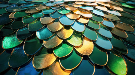 This stunning close-up image features an intricate pattern of colorful scales in vibrant green and gold hues, showcasing a glossy metallic finish that reflects light beautifully.の素材