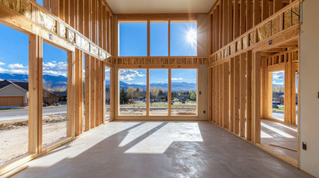 Bright interior of a modern construction site showcasing wooden framing and large windows with a stunning mountain view, symbolizing potential and new beginnings.の素材