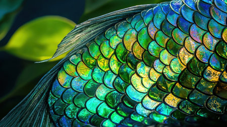 Close-up image showcasing the vibrant and iridescent scales of a fish. The brilliant colors reflect light beautifully, creating a mesmerizing pattern that highlights the intricate details of aquatic life.の素材
