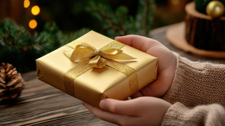 A beautifully wrapped gold gift box held in hands, showcasing a festive atmosphere. Perfect for holiday themes, celebrations, and seasonal promotions.の素材