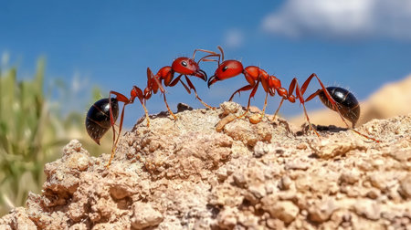 Two ants interact on rocky surface, showcasing their communication in the wild. The striking colors and details highlight their natural behavior and habitat.の素材