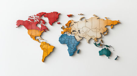A vibrant wooden puzzle featuring a world map in various colors, ideal for education and decor. Perfect for classrooms, homes, and travel enthusiasts.の素材