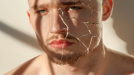 A striking portrait of a young man with cracked skin, conveying deep emotion through unique lighting and shadows. This artistic representation explores themes of vulnerability and identity.の素材