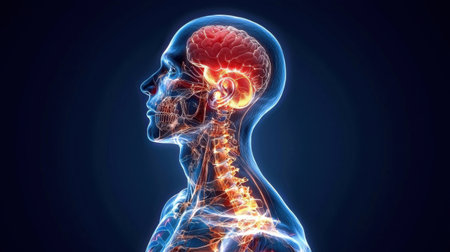 This illustration showcases detailed human anatomy, highlighting the brain and spine. The transparent design allows for visualization of internal structures, ideal for educational purposes.の素材