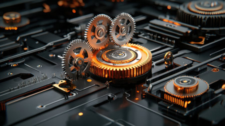 This striking image features abstract mechanical gears illuminated with vibrant orange light, set against a dark background, showcasing precision engineering and innovative design.の素材