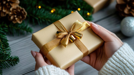A beautiful golden gift wrapped in a shiny ribbon, held by warm hands against a cozy holiday backdrop. Perfect for capturing festive moments of giving.の素材