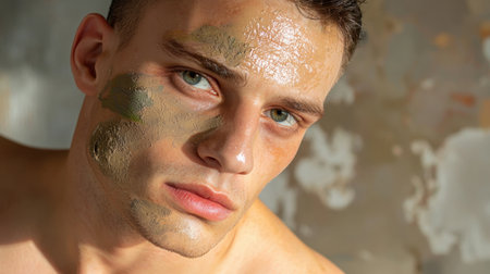 Close-up portrait of a young man applying a facial mask, emphasizing natural beauty and self-care. His expression reflects confidence and relaxation.の素材