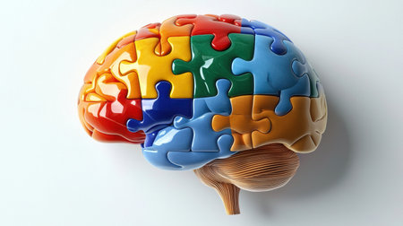 This vibrant puzzle brain image symbolizes cognitive learning. It creatively merges colors and shapes to represent the complexities of intellect and mind development.の素材
