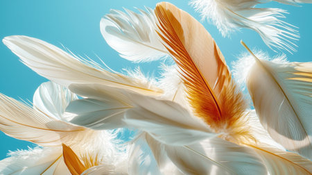 A collection of delicate white and orange feathers gracefully floating against a bright blue background, creating a serene and ethereal atmosphere perfect for artistic projects.の素材