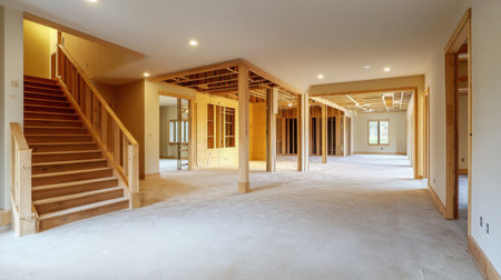 Explore the spacious interior of an unfinished residential home showcasing wooden elements. The open design invites natural light, emphasizing potential for creative renovations.の素材