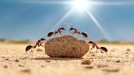 A stunning close-up shot of ants working together to move a large rock under bright sunlight in a desert setting, showcasing nature's incredible teamwork and resilience.の素材