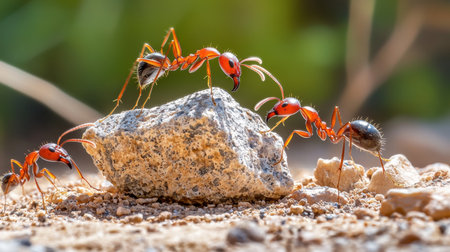 A captivating close-up of ants collaborating around a rock. Their intricate behaviors showcase teamwork and persistence in a natural environment, highlighting the beauty of wildlife.の素材