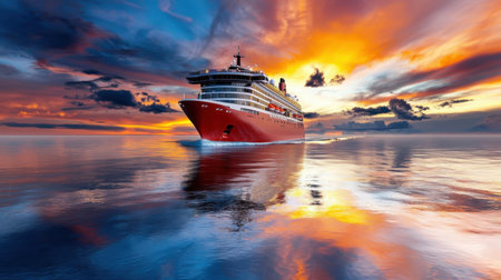 A stunning sunset paints the sky in rich hues as a majestic cruise ship sails across calm waters, creating a tranquil and picturesque scene ideal for travel enthusiasts.の素材