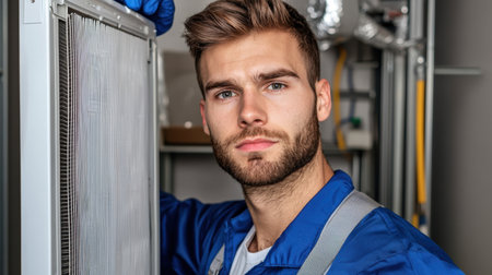 A skilled technician performs maintenance on a modern HVAC system in a clean indoor environment, showcasing expertise and professionalism in air conditioning repair and service.の素材