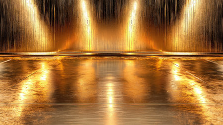 Explore a shimmering gold background featuring waterfall lights and a wet surface, ideal for creative projects, photography, and artistic displays.の素材