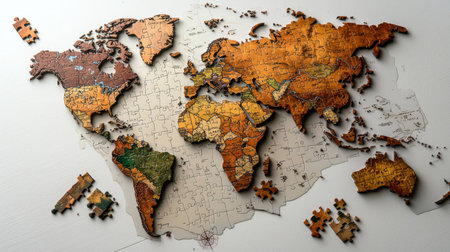 A vibrant world map puzzle showcasing various continents in rich colors. Ideal for educational themes, travel inspirations, and creative decor ideas.の素材