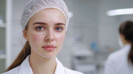 A young woman in a medical setting with subtle cosmetic procedure marks on her face. She embodies beauty and confidence, showcasing modern skincare practices.の素材