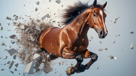A stunning image of a powerful horse bursting through debris, showcasing its strength and grace. The dynamic action captures the essence of speed and freedom.の素材