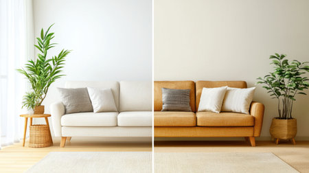 Bright and inviting living room featuring a neutral sofa paired with decorative cushions and indoor plants, creating a warm and stylish atmosphere.の素材
