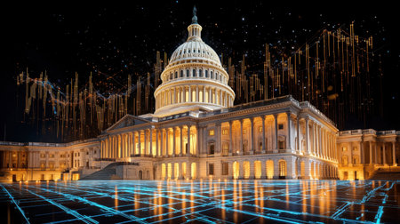 Stunning depiction of Capitol Building surrounded by digital elements, showcasing the blend of traditional architecture and modern technology in an urban setting.の素材