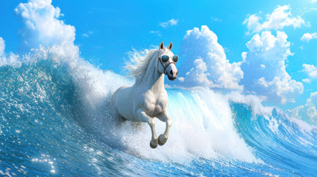 A stunning white horse wearing sunglasses powerfully surfs through vibrant ocean waves under a bright blue sky, showcasing the beauty of nature and adventure.の素材