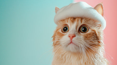 A cute cat wearing a white hat gazes curiously at the viewer. The vibrant background enhances the playful and adorable nature of this fluffy feline.の素材