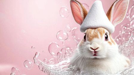 This delightful image features an adorable rabbit in a cute hat joyfully splashing in water bubbles, set against a vibrant pink background.の素材