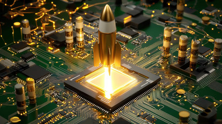 A striking image of a golden rocket emerging from a microchip, set against a vibrant circuit board background. This artwork symbolizes innovation and futuristic technology.の素材