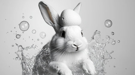 A whimsical white rabbit joyfully splashes in water while wearing a bright lemon hat, captured in a striking black and white style, evoking playful delight.の素材