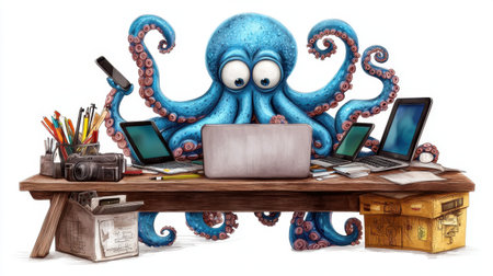 A whimsical illustration of a vibrant octopus multitasking at a busy desk filled with technology. This playful scene captures creativity and chaos in a unique workspace.の素材