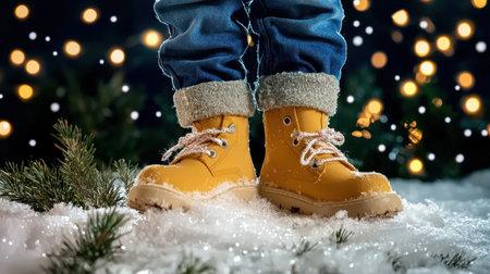 A close-up view of bright yellow winter boots standing on a snowy surface, complementing twinkling holiday lights in the background, evoking warmth and joy.の素材