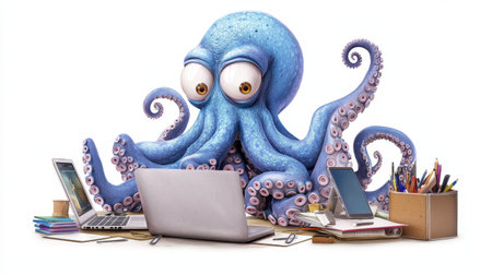 A whimsical cartoon octopus at a busy desk engages with multiple laptops. This colorful scene blends humor and creativity, perfect for imaginative projects.の素材