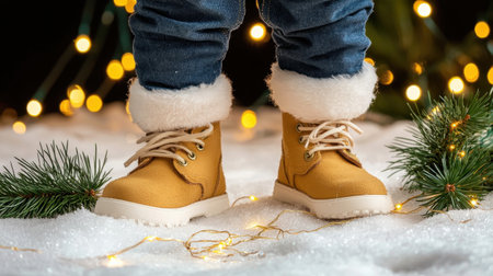 Child's feet in stylish winter boots stand on soft snow, surrounded by twinkling holiday lights and green pine branches, capturing the essence of festive joy.の素材