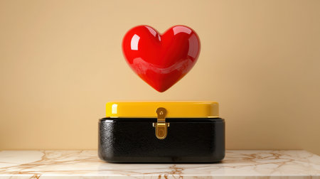 A glossy red heart shape floats gracefully above a modern yellow box on a marble surface, symbolizing love and emotions in a stylish minimalist design.の素材