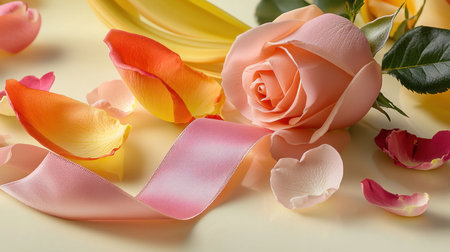 A beautiful soft pink rose accompanied by colorful petals and a satin ribbon creates a romantic and elegant arrangement. Perfect for various occasions.の素材